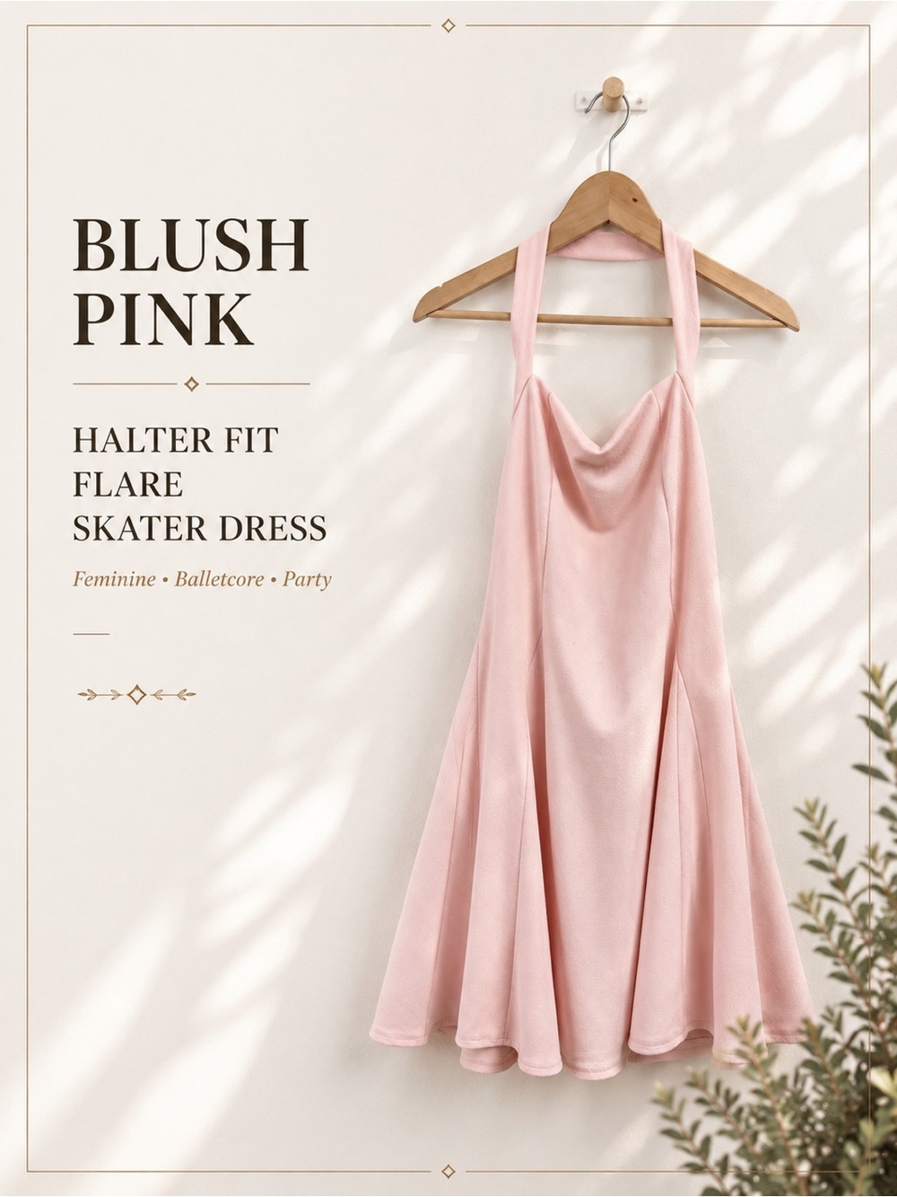 Blush Pink Halter Fit Flare Skater Dress Feminine Balletcore Party Size Medium